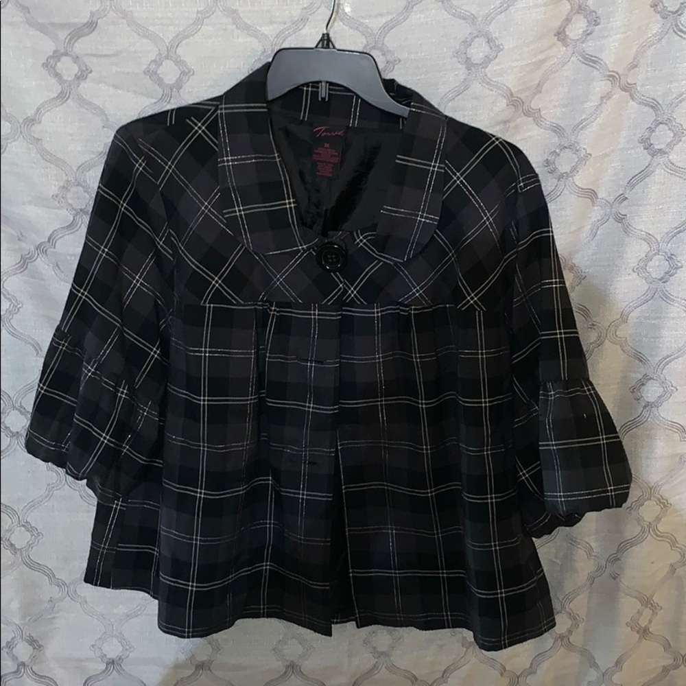 Black and Silver Plaid Torrid Over Jacket / Cape